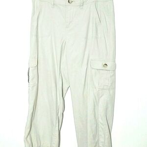 Pants Cargo Cropped tan khaki 6 pocket straight leg Boho Coastal Relaxed Casual